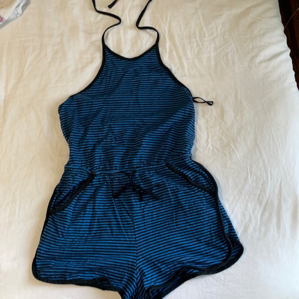 Black and Blue Striped Halter Romper